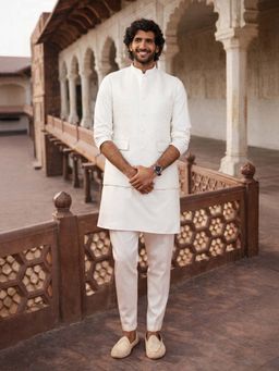 Vastramay - Cream Satin Kurta and Pyjama with Nehru Jacket