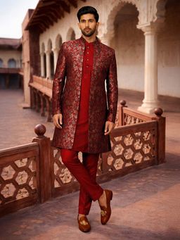 Vastramay - Maroon Viscose Sherwani with Kurta and Pyjama
