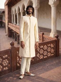 Vastramay - Cream Georgette Sherwani with Pyjama