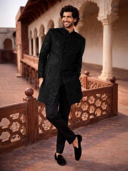 Vastramay - Black Velvet Sherwani with Pyjama