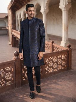 Vastramay - Navy Blue Silk Blend Sherwani with Pyjama