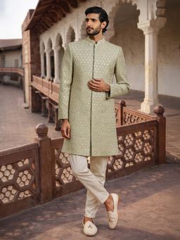 Vastramay - Green Rayon Indo Western Sherwani and Pyjama
