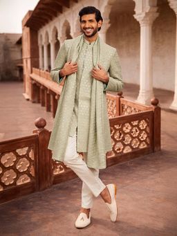 Vastramay - Green Rayon Indo Western Sherwani Pyjama and Dupatta