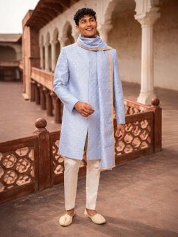 Vastramay - Powder Blue Cotton Blend Indowestern Sherwani Pant and Dupatta