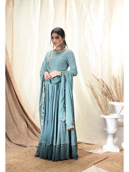 Aaryaa By Kashveen Kohli - Green Polka Dot & Leaf Printed Anarkali With Dupatta