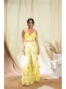 Aaryaa By Kashveen Kohli - Yellow Floral Embroidered Palazzos With Strappy Crop Top
