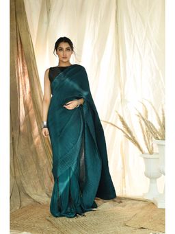 Aaryaa By Kashveen Kohli - Teal Pleated Fringe Pre-Draped Saree with Stitched Blouse