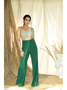 Aaryaa By Kashveen Kohli - Green Stripes Drape Crop Top With Pant