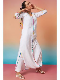 Wendell Rodricks - White Linen Cut-out Cuff Kurta And Straight Pant (Set of 2)