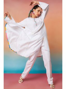 Wendell Rodricks - White Linen Asymmetric Kurta And Straight Pant (Set of 2)