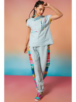 Wendell Rodricks - Pale Blue Linen Collar Top And Side Flap Jogger (Set of 2)