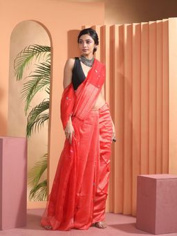 Beatitude - Red Handloom Resham Matka Saree with Unstitched Blouse