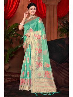 Sangam Prints - Sea Green Silk Woven Zari Work Traditional Tassel Saree with Unstitched Blouse