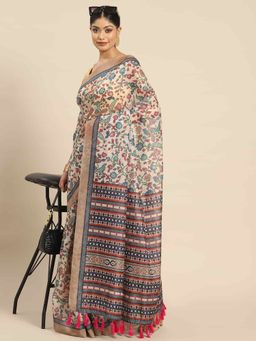 Silk Land - Womens Pure Cotton Beige & Multi-Color Block Print Saree with Unstitched Blouse