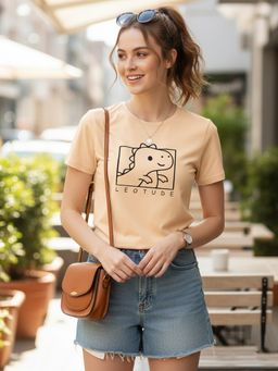 LEOTUDE - Women Printed Regular Fit Beige T-Shirt