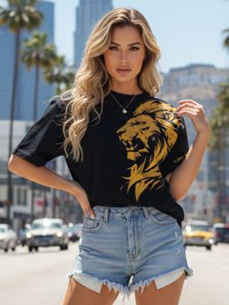 LEOTUDE - Women Printed Oversized Black T-Shirt