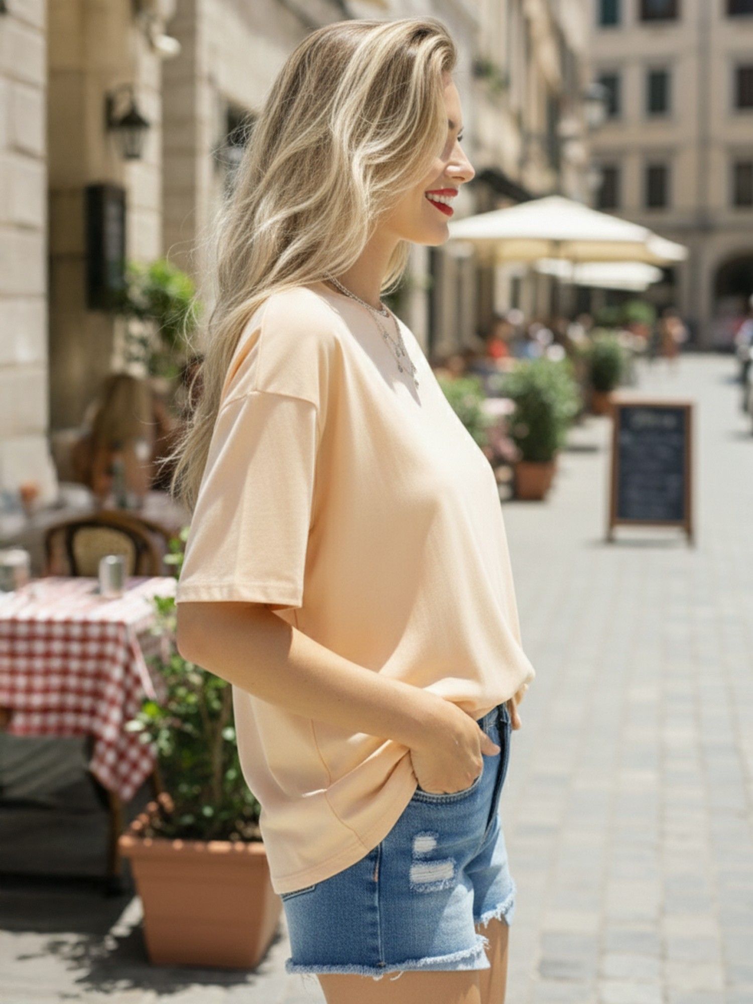 Women Solid Oversized Beige T-Shirt