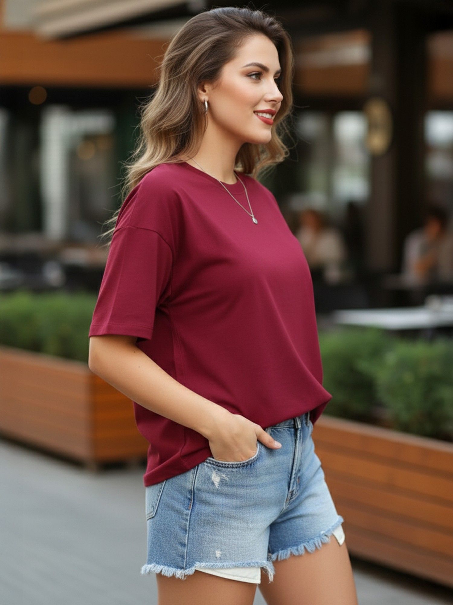 Women Solid Oversized Maroon T-Shirt
