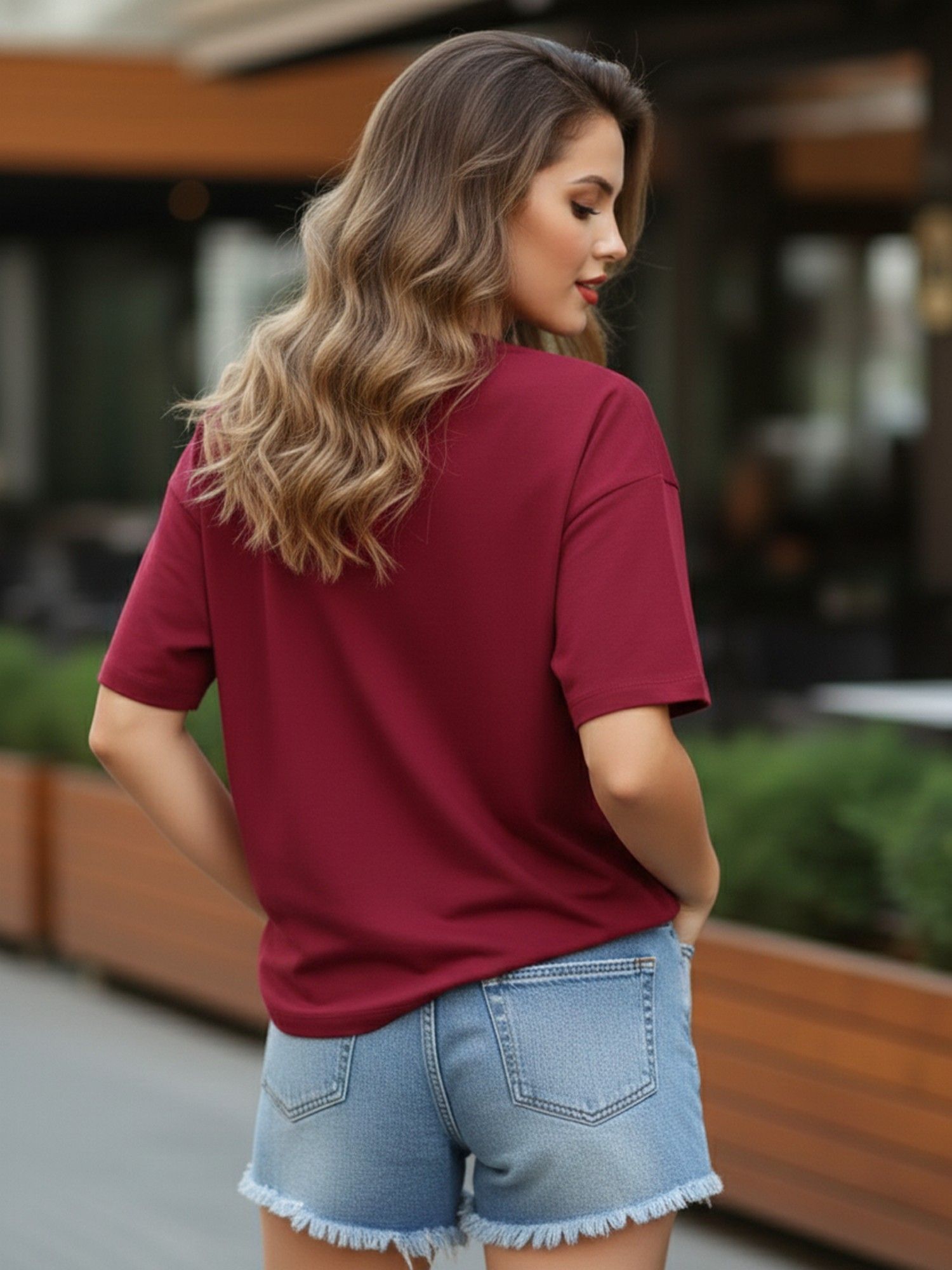 Women Solid Oversized Maroon T-Shirt