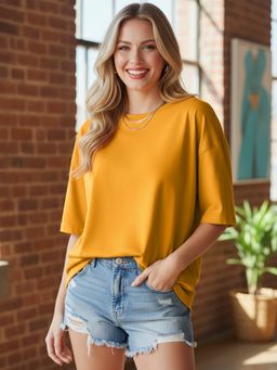 LEOTUDE - Women Solid Oversized Mustard T-Shirt