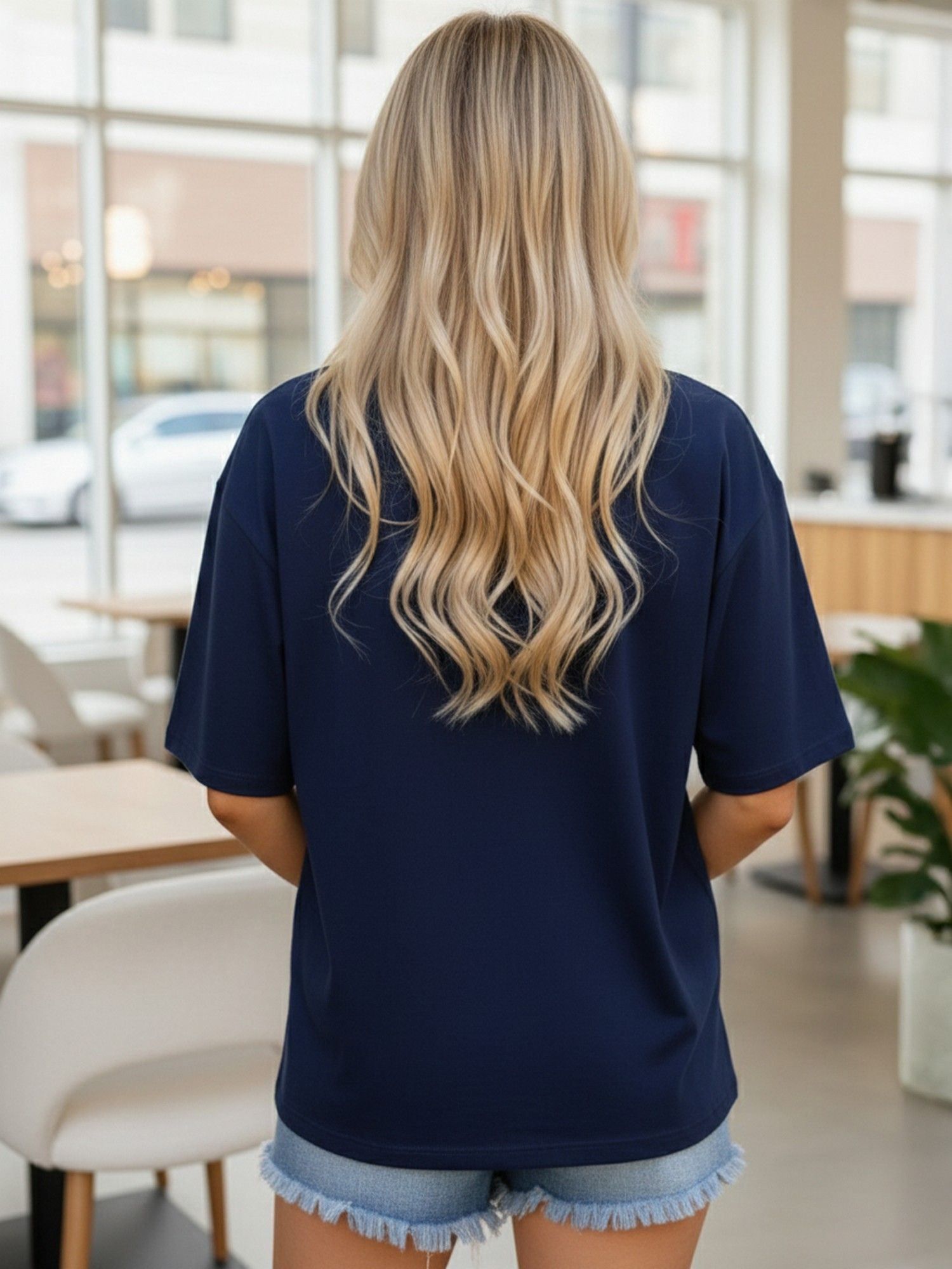 Women Solid Oversized Navy Blue T-Shirt
