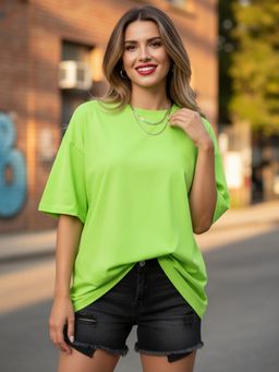 LEOTUDE - Women Solid Oversized Green T-Shirt