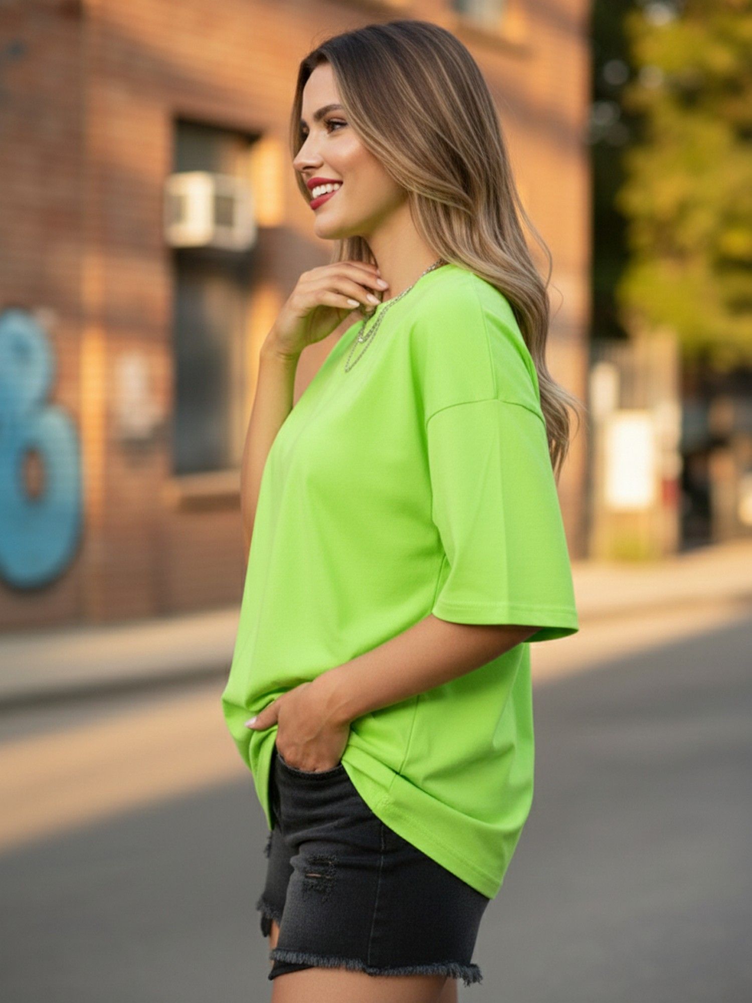 Women Solid Oversized Green T-Shirt
