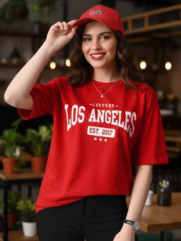 LEOTUDE - Women Printed Oversized Red T-Shirt