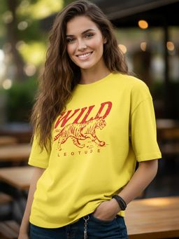 LEOTUDE - Women Printed Yellow Oversized T-Shirt