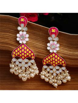 PANASH - Red & Yellow Gold-Plated Mirror Work Meenakari Floral Drop Earrings