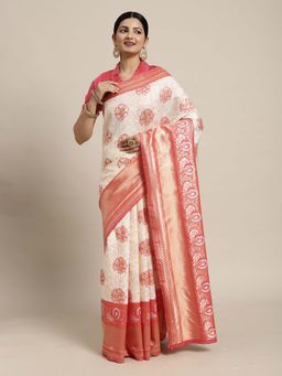 Akhilam - Women Silk Blend Off White Designer Saree with Unstitched Blouse