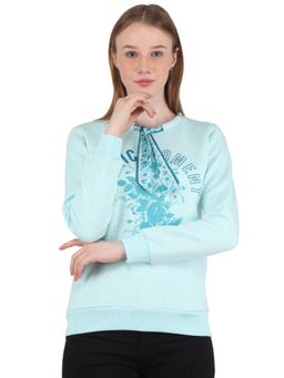 Monte Carlo - Women Cotton Blend Blue Printed Round Neck Sweatshirt