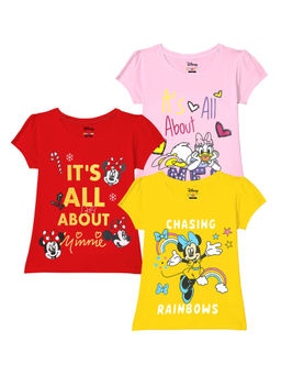 Kuchipoo - Disney Girls Half Sleeves Regular Fit Multi-Color T-Shirts (Pack of 3)