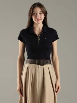 Tommy Hilfiger - Navy Blue Solid Slim Fit Cotton Polo T-Shirt