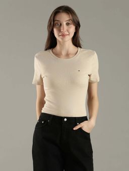 Tommy Hilfiger - Beige Solid Slim Fit Cotton T-Shirt