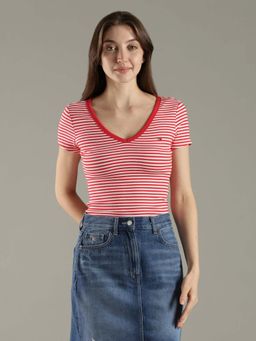 Tommy Hilfiger - Red Striped Slim Fit Cotton T-Shirt