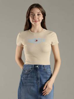 Tommy Hilfiger - Beige Solid Slim Fit Cotton T-Shirt