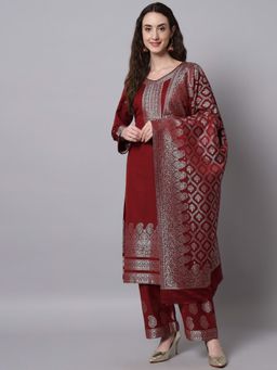 Safaa - Womens Maroon Acro Wool Woven Unstitched Suit and Dupatta (Set of 3)