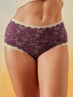 Clovia - Cotton Printed High Waist Hipster Panty With Lace Purple