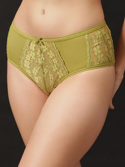 Clovia - Lace Mid Waist Hipster Panty With Powernet Side Panels And Bow Green