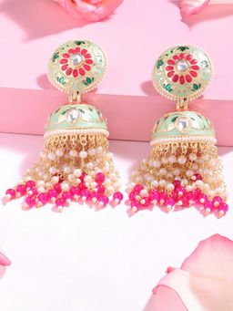 Zaveri Pearls - Green & Pink Meenakari Floral Beaded Chain Fringe Jhumki Earring-ZPFK14651
