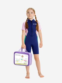 Little Surprise Box - Dive Navy Purple Teal Panel Knee Length Swimsuit with Washbag