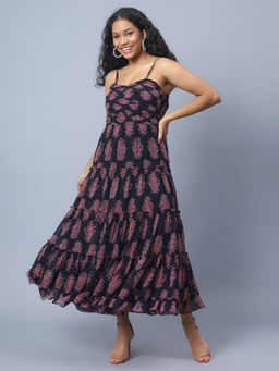 AMAGYAA - Printed Gathered Detailed Fit and Flare Black Dress