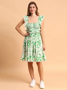 AMAGYAA - Green Printed Square Neck Smocked Cotton Linen Dress