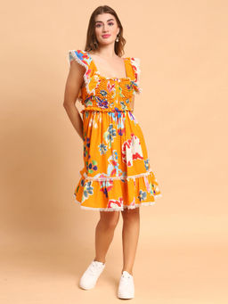 AMAGYAA - Orange Printed Square Neck Smocked Cotton Linen Dress