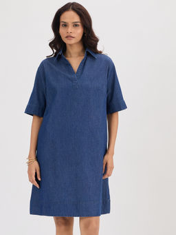 Femmella - Navy Blue Denim Knee Length Dress