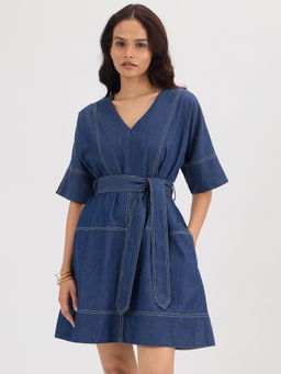 Femmella - Navy Blue Denim Mini Dress with Belt (Set of 2)