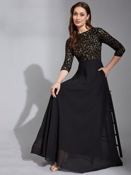 LIFE WITH POCKETS - Women Black Georgette Fit and Flare Maxi Length Dress