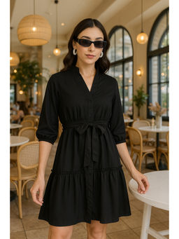 Style Quotient - Women Black Solid Dress with Belt (Set of 2)