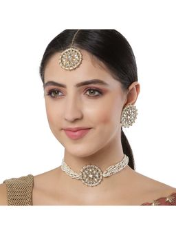 Karatcart - Pearl Beaded Gold Plated Kundan Choker Necklace Set for Women (Set of 3)